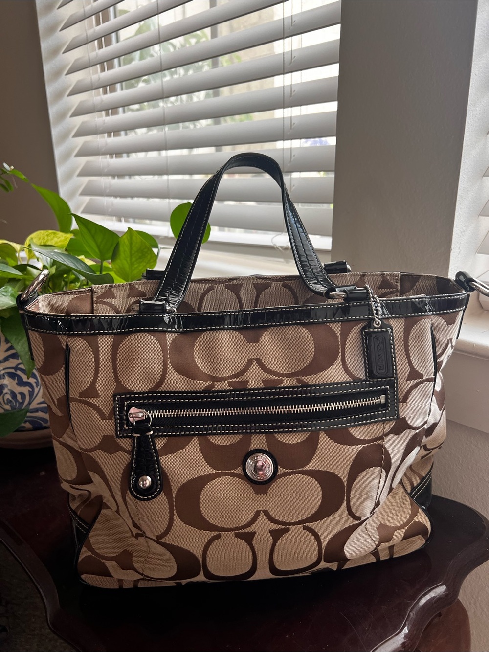 Coach Tan and Brown Signature Canvas Tote with Black Trim